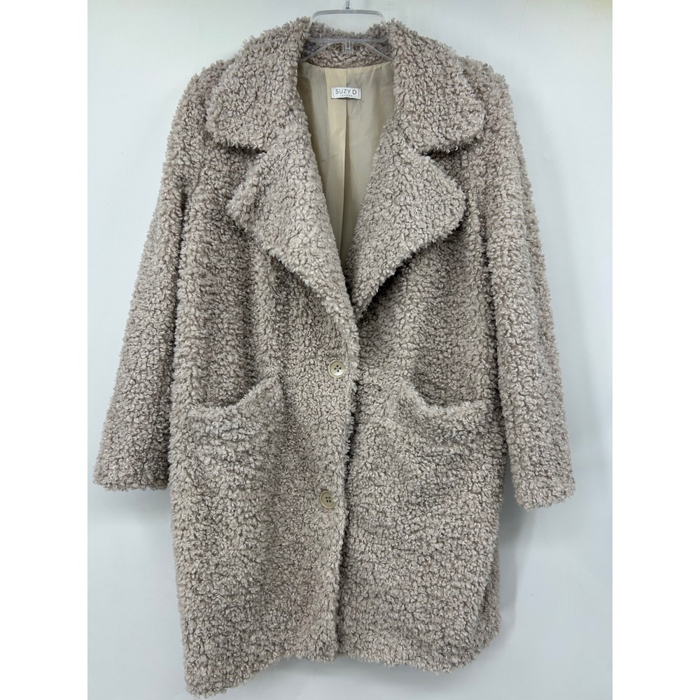 Suzy D London Teddy Coat Taupe Beige Faux Fur Button Front Jacket Small Italy